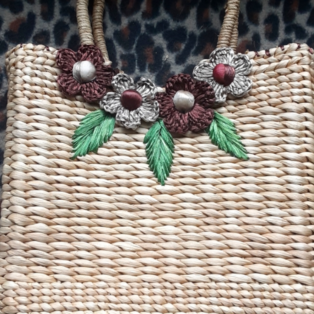 Vintage Corn Husk Straw Floral Purse Handbag Summer Vacation